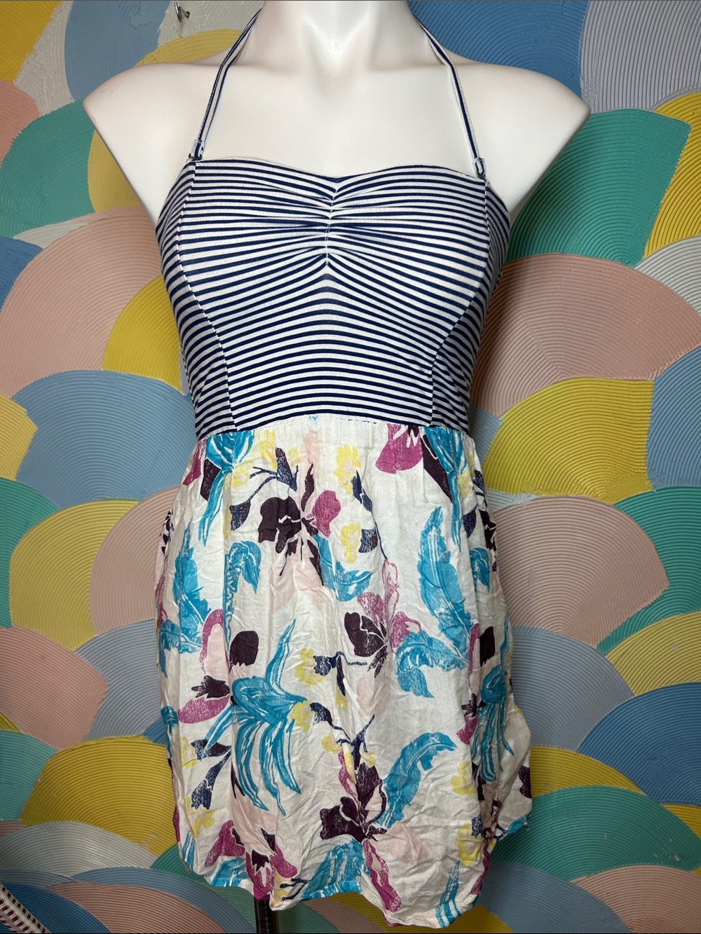 NWT Roxy Striped Navy Halter Floral Sundress - Blue, White, Teal sz S